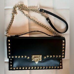 Gold Studded Black Leather Purse